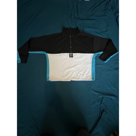 Women DKNY Sport 1/2 Zip Pullover Crop Logo Sweatshirt, Blue & Black Size Small - Picture 4 of 9